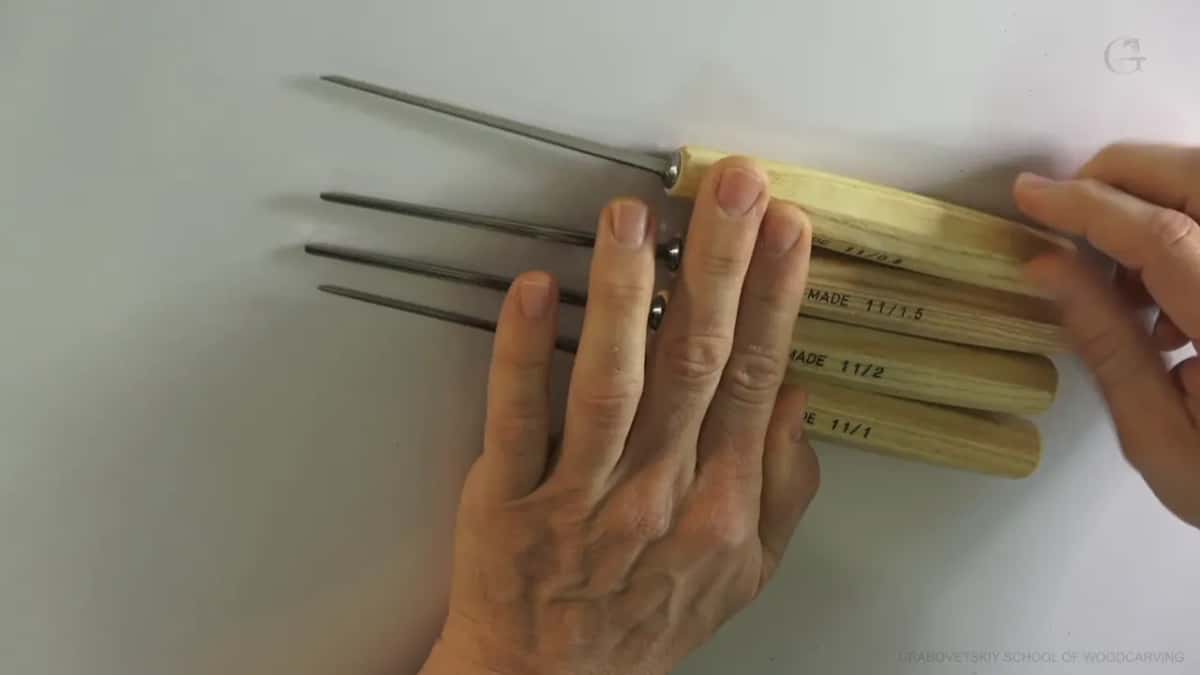 Four micro veiners fanned out on a whiteboard, handles stamped 11/0.5, 11/1, 11/1.5 and 11/2.