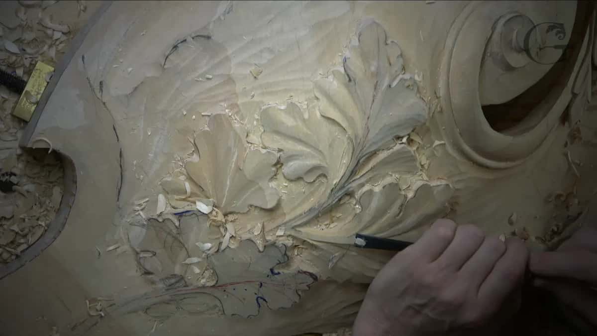 Chips gathered in the hollows between lobes, a dark tool at the lower edge of the picture.