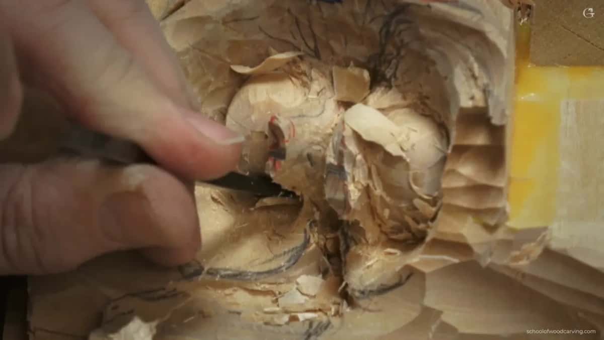 Fingertips hold the gouge against the lower edge of the left nut