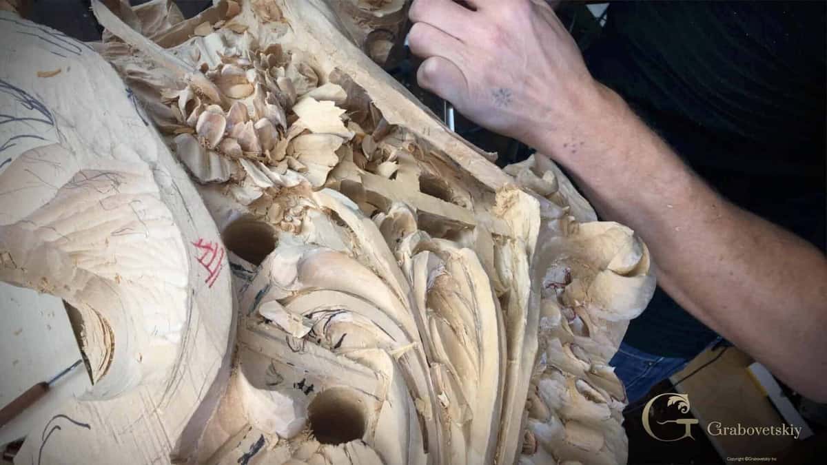Deep work in the Gibbons manner Hands working into deep forms that fold over each other, a red pencil mark still showing on one edge