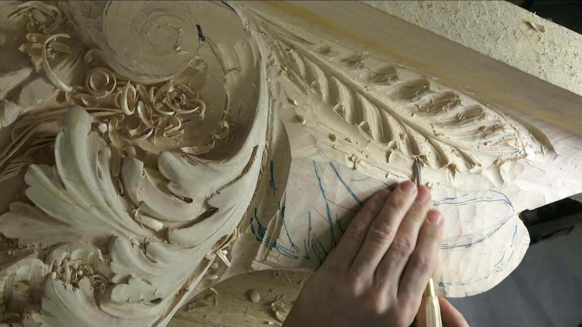 Detail of carved acanthus scroll showing undercut shadow