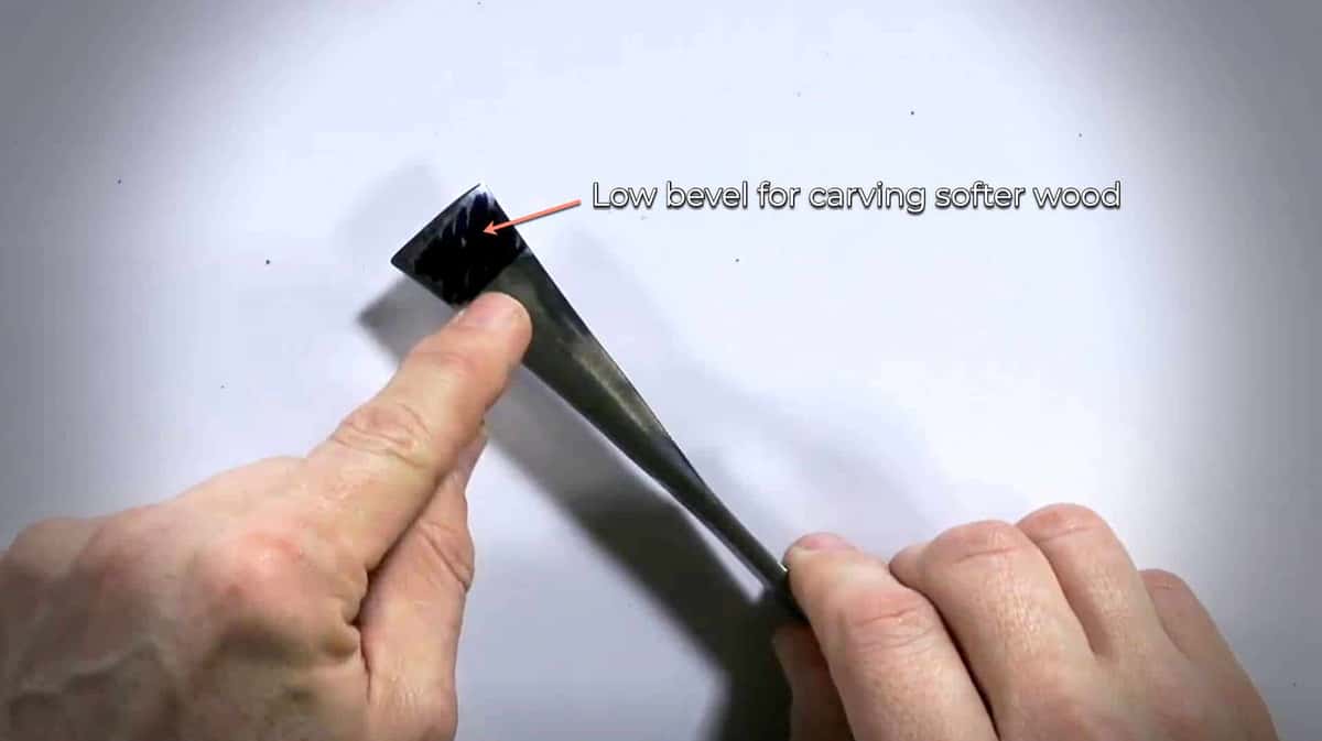 Low bevel ground on a carving gouge for soft wood like basswood