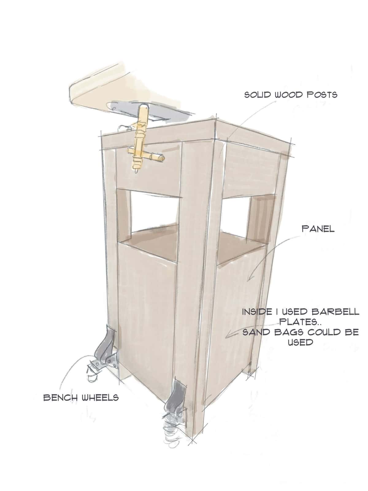 Close-up of a hard maple woodcarving workbench top showing dog holes and vise hardware for holding basswood carving projects