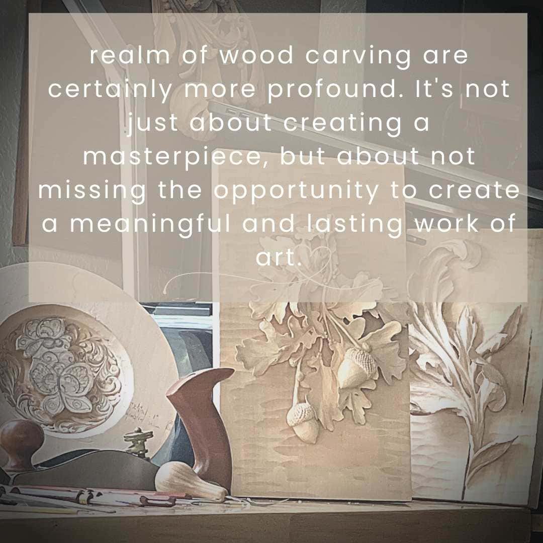Alt text: A display of wood carving projects, showcasing intricate designs on wood panels, featuring nature-inspired motifs like leaves and acorns. Various wood carving tools, including chisels and a carving workbench, suggest an engaging environment for wood carving classes and lessons.