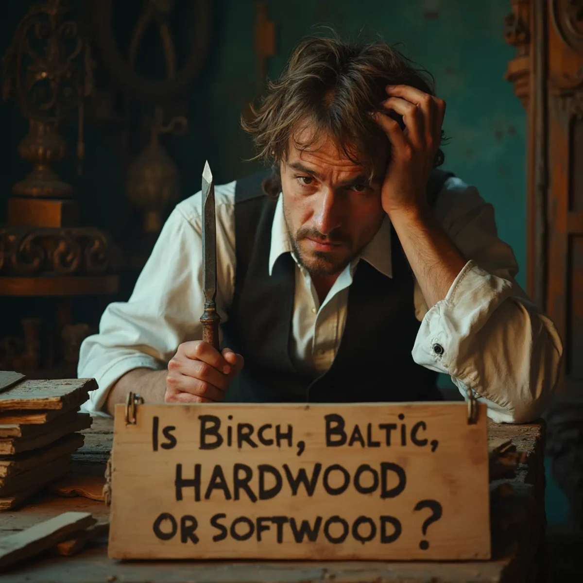 WOODCARVING LESSONS: Woodcarver Grabovetskiy, a man with a beard, holds a sign that says "What wood is the best for carving?" He looks thoughtful. Carving tools are on the table in front of him. - Wood Carving tutorials