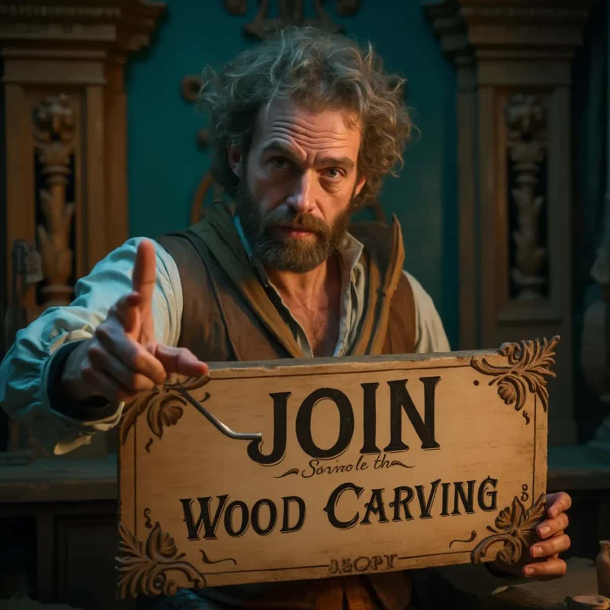 WOODCARVING LESSONS: Woodcarver Grabovetskiy, an elderly man with a gray beard, holds a carving tool and a sign that asks, "What is the best wood for carving? - Wood Carving tutorials