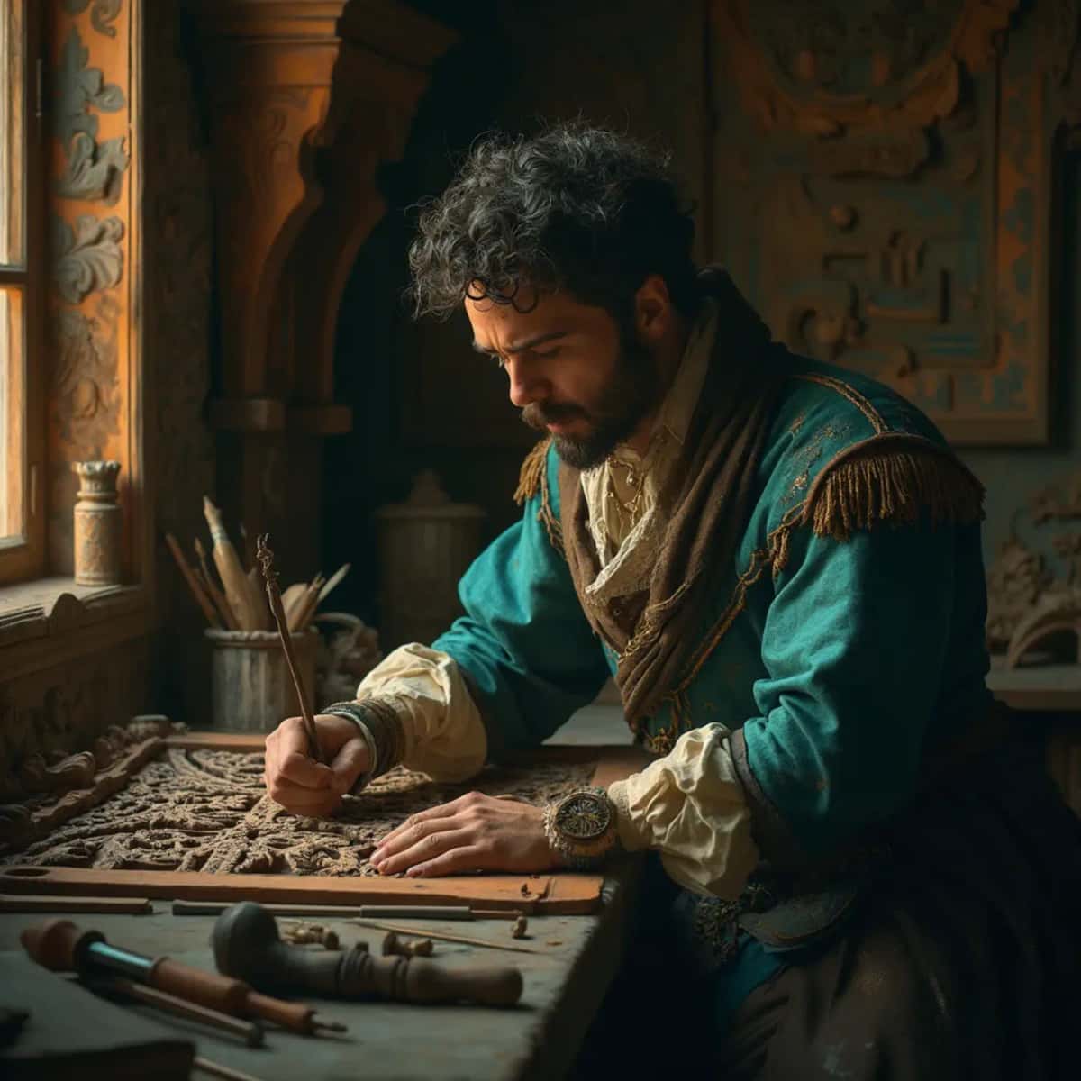 WOODCARVING LESSONS: Woodcarver Grabovetskiy, a man with a beard, holds a sign that says "What wood is the best for carving?" He looks thoughtful. Carving tools are on the table in front of him. - Wood Carving tutorials