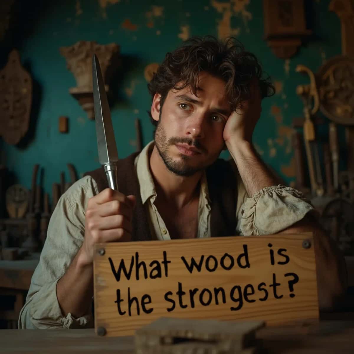 WOODCARVING LESSONS: Woodcarver Grabovetskiy, a man with a beard, holds a sign that says "What wood is the best for carving?" He looks thoughtful. Carving tools are on the table in front of him. - Wood Carving tutorials