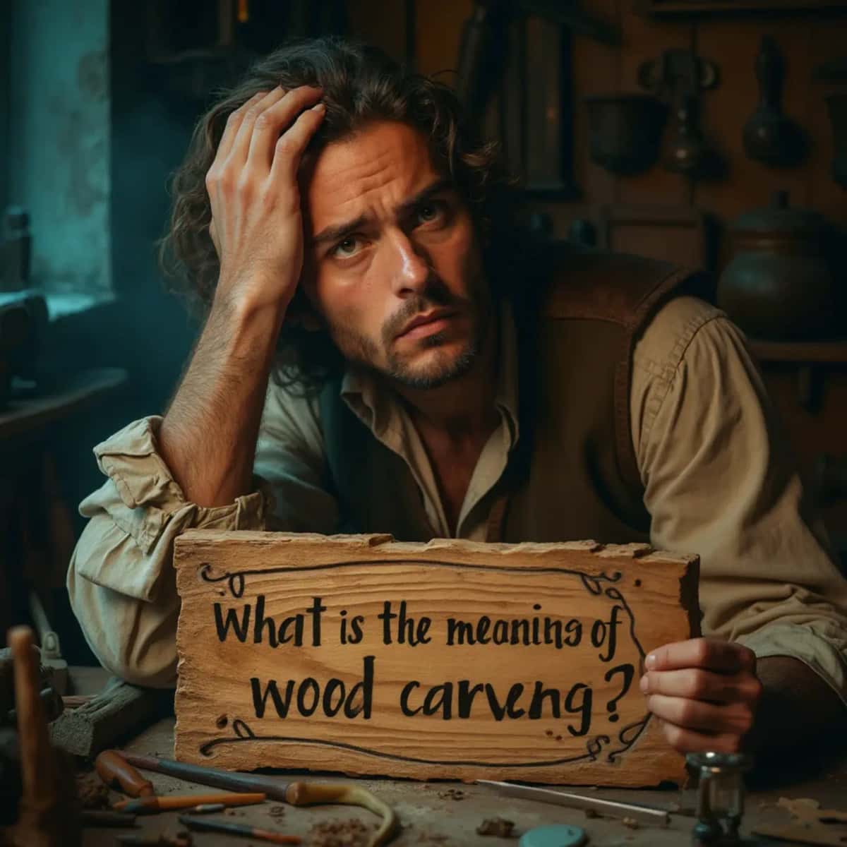 WOODCARVING LESSONS: Woodcarver Grabovetskiy, a man with a beard, holds a sign that says "What wood is the best for carving?" He looks thoughtful. Carving tools are on the table in front of him. - Wood Carving tutorials