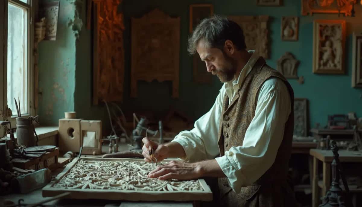 WOODCARVING LESSONS: Woodcarver Grabovetskiy, a man with a beard, holds a sign that says "What wood is the best for carving?" He looks thoughtful. Carving tools are on the table in front of him. - Wood Carving tutorials