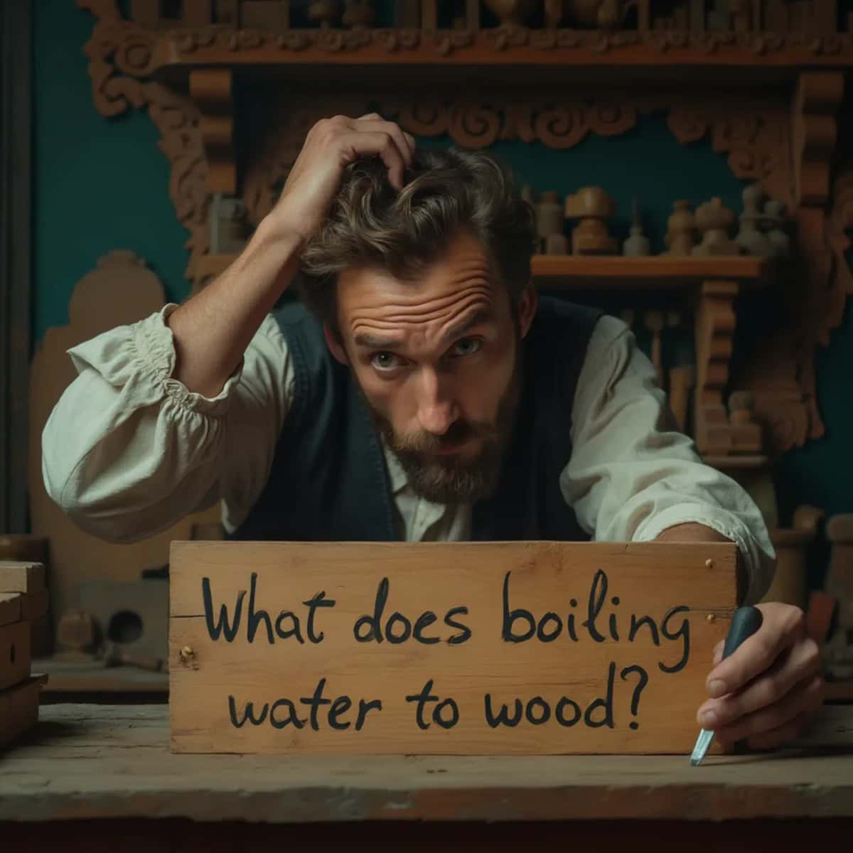 WOODCARVING LESSONS: Woodcarver Grabovetskiy, a man with a beard, holds a sign that says "What wood is the best for carving?" He looks thoughtful. Carving tools are on the table in front of him. - Wood Carving tutorials