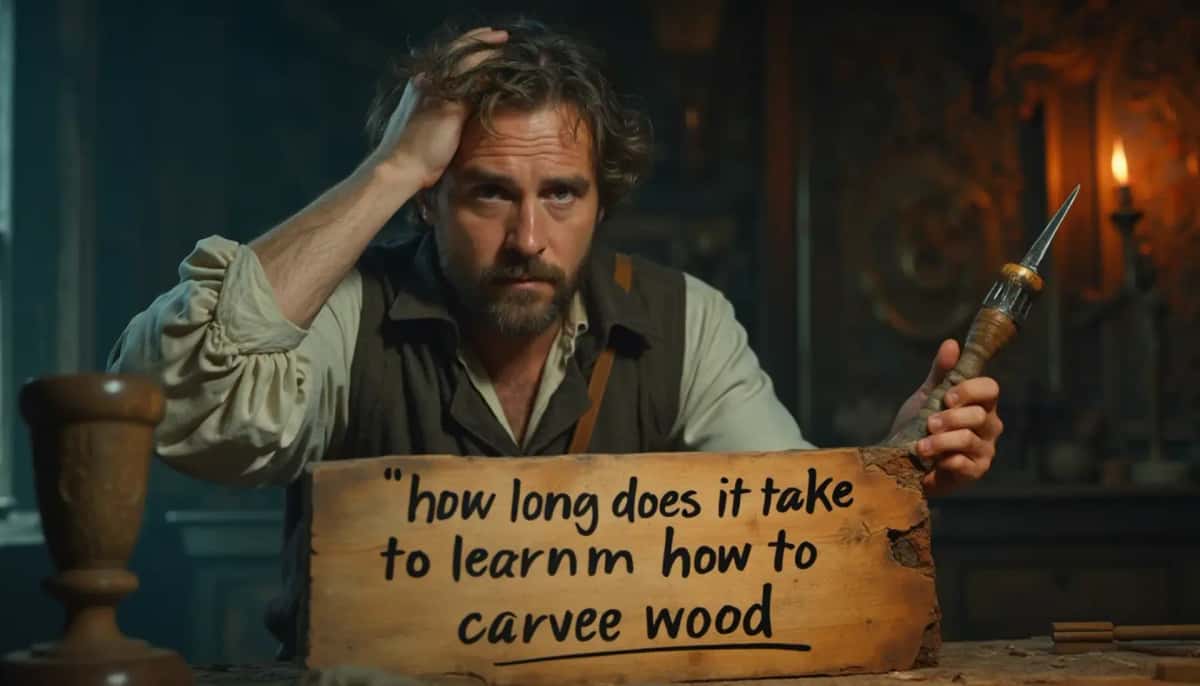 WOODCARVING LESSONS: Woodcarver Grabovetskiy, a man with a beard, holds a sign that says "What wood is the best for carving?" He looks thoughtful. Carving tools are on the table in front of him. - Wood Carving tutorials