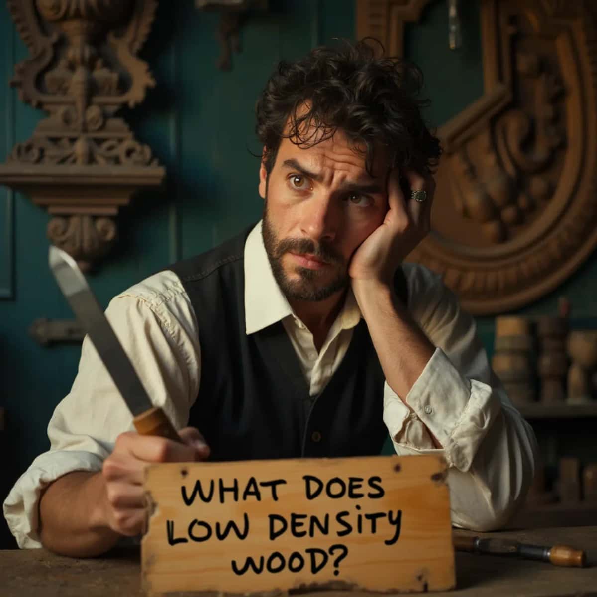 WOODCARVING LESSONS: Woodcarver Grabovetskiy, a man with a beard, holds a sign that says "What wood is the best for carving?" He looks thoughtful. Carving tools are on the table in front of him. - Wood Carving tutorials