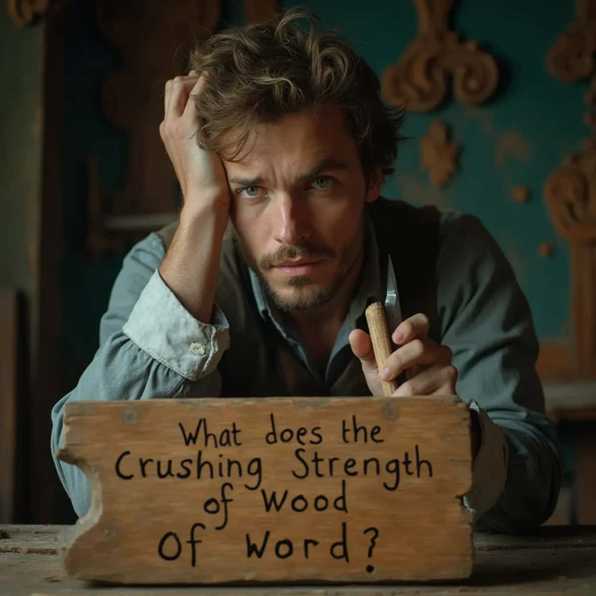 WOODCARVING LESSONS: Woodcarver Grabovetskiy, a man with a beard, holds a sign that says "What wood is the best for carving?" He looks thoughtful. Carving tools are on the table in front of him. - Wood Carving tutorials