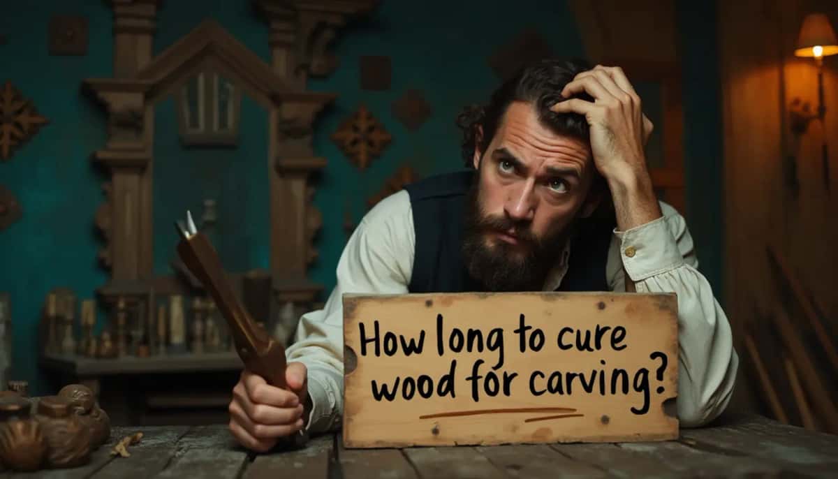 WOODCARVING LESSONS: Woodcarver Grabovetskiy, a man with a beard, holds a sign that says "What wood is the best for carving?" He looks thoughtful. Carving tools are on the table in front of him. - Wood Carving tutorials