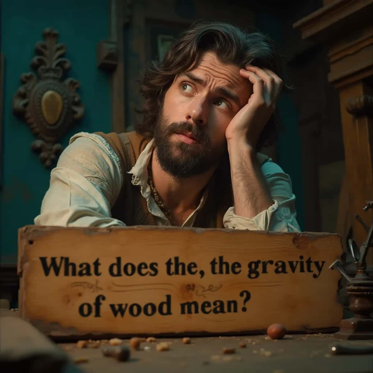 WOODCARVING LESSONS: Woodcarver Grabovetskiy, a man with a beard, holds a sign that says "What wood is the best for carving?" He looks thoughtful. Carving tools are on the table in front of him. - Wood Carving tutorials