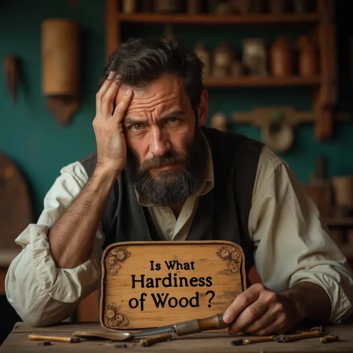 WOODCARVING LESSONS: Woodcarver Grabovetskiy, a man with a beard, holds a sign that says "What wood is the best for carving?" He looks thoughtful. Carving tools are on the table in front of him. - Wood Carving tutorials