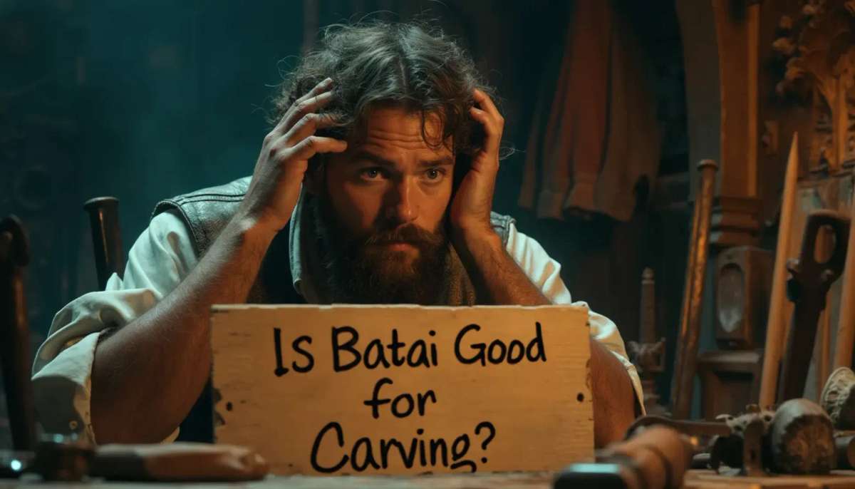 WOODCARVING LESSONS: Woodcarver Grabovetskiy, a man with a beard, holds a sign that says "What wood is the best for carving?" He looks thoughtful. Carving tools are on the table in front of him. - Wood Carving tutorials