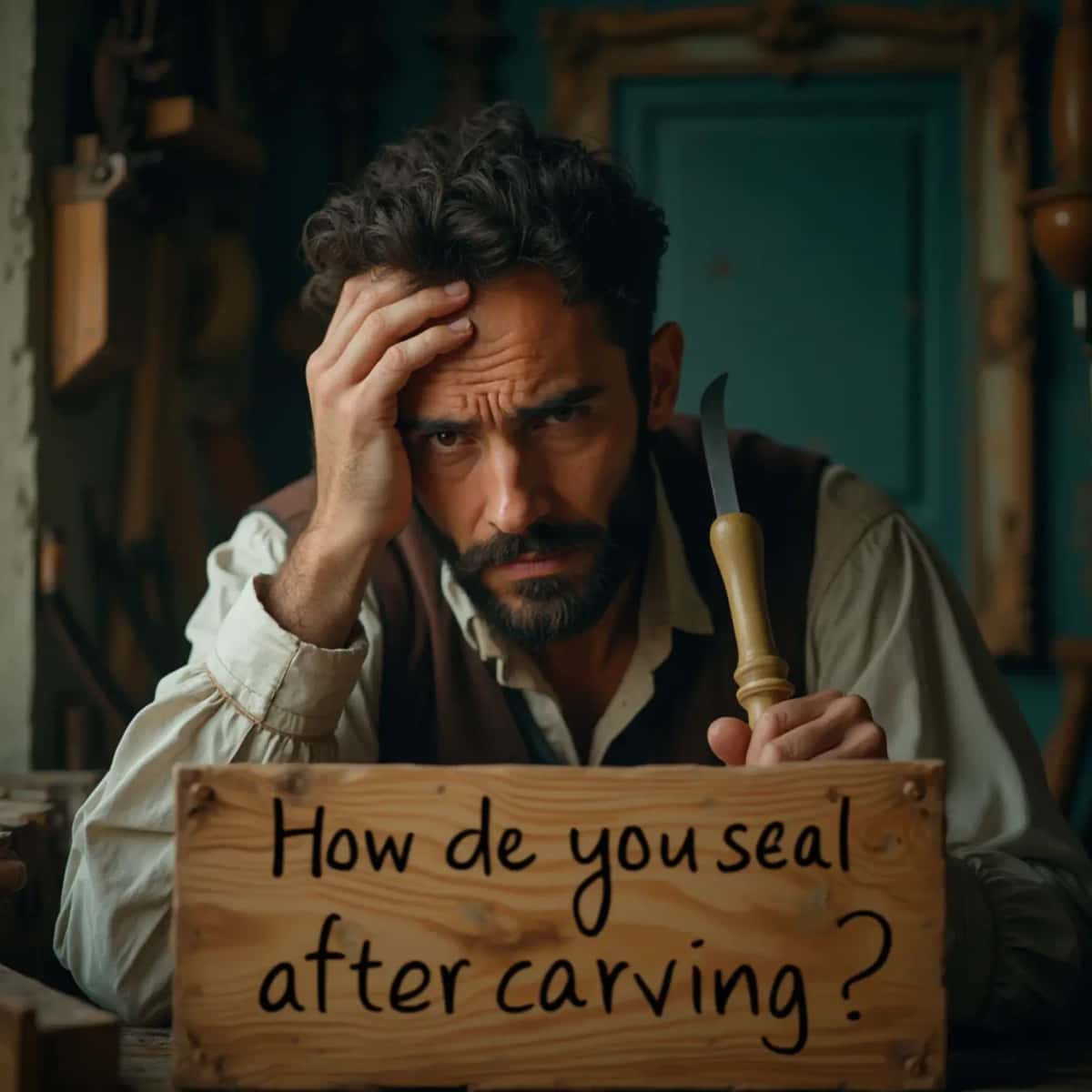 WOODCARVING LESSONS: Woodcarver Grabovetskiy, a man with a beard, holds a sign that says "What wood is the best for carving?" He looks thoughtful. Carving tools are on the table in front of him. - Wood Carving tutorials