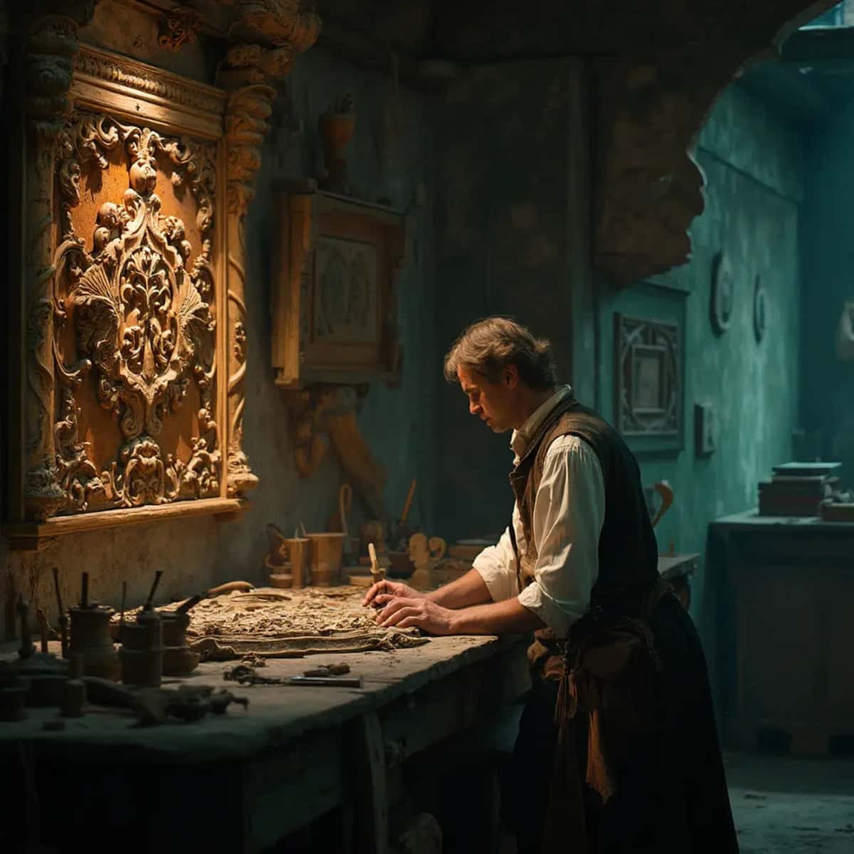WOODCARVING LESSONS: Woodcarver Grabovetskiy, a man with a beard, holds a sign that says "What wood is the best for carving?" He looks thoughtful. Carving tools are on the table in front of him. - Wood Carving tutorials