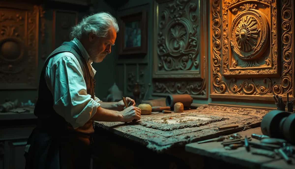 WOODCARVING LESSONS: Woodcarver Grabovetskiy, a man with a beard, holds a sign that says "What wood is the best for carving?" He looks thoughtful. Carving tools are on the table in front of him. - Wood Carving tutorials