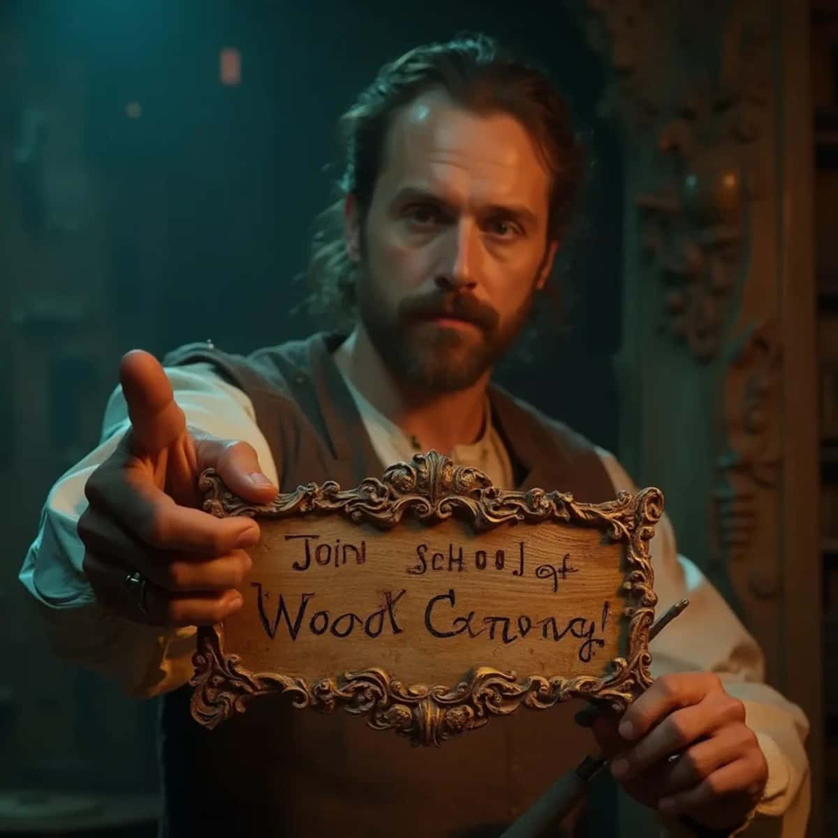 WOODCARVING LESSONS: Woodcarver Grabovetskiy, an elderly man with a gray beard, holds a carving tool and a sign that asks, "What is the best wood for carving? - Wood Carving tutorials