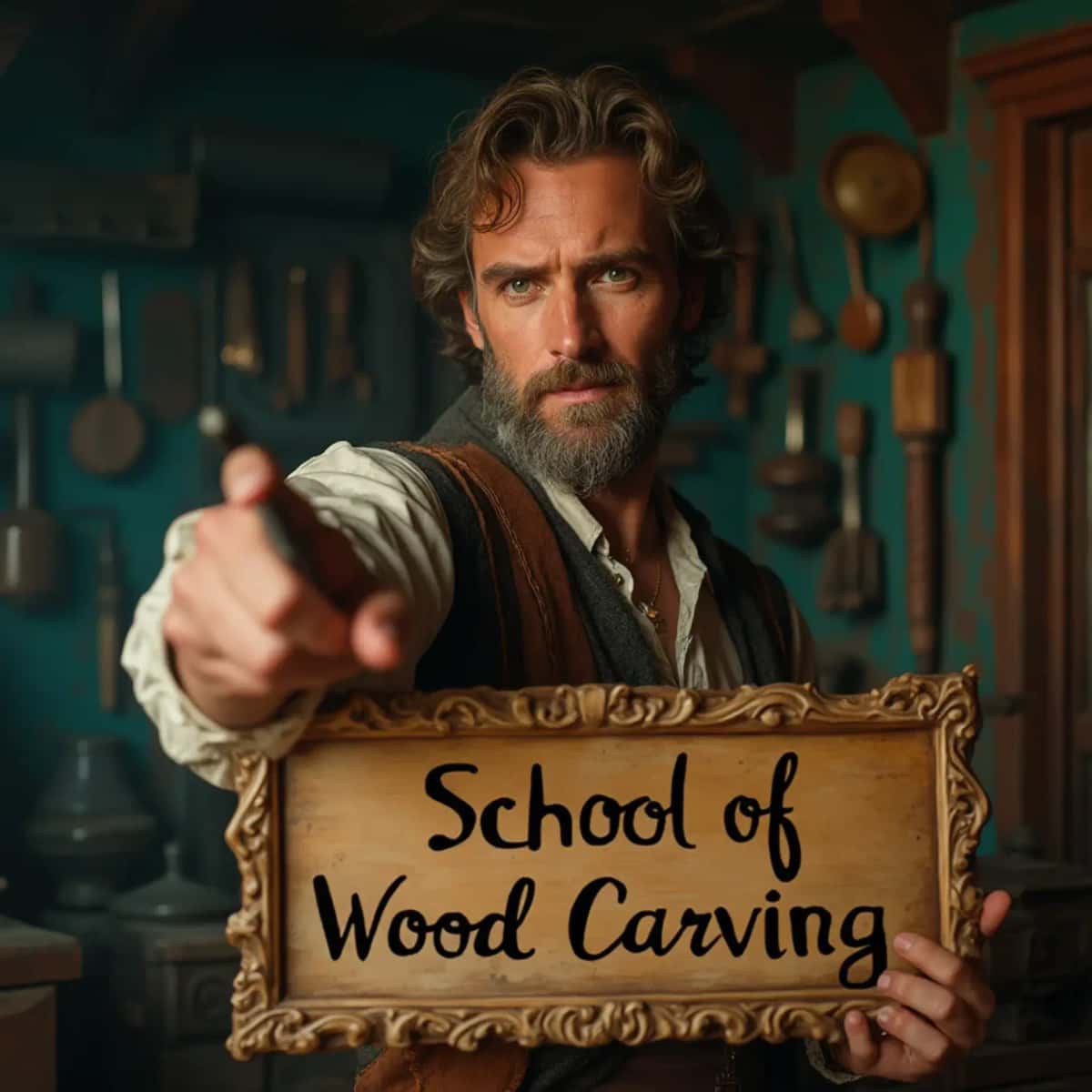 WOODCARVING LESSONS: Woodcarver Grabovetskiy, an elderly man with a gray beard, holds a carving tool and a sign that asks, "What is the best wood for carving? - Wood Carving tutorials