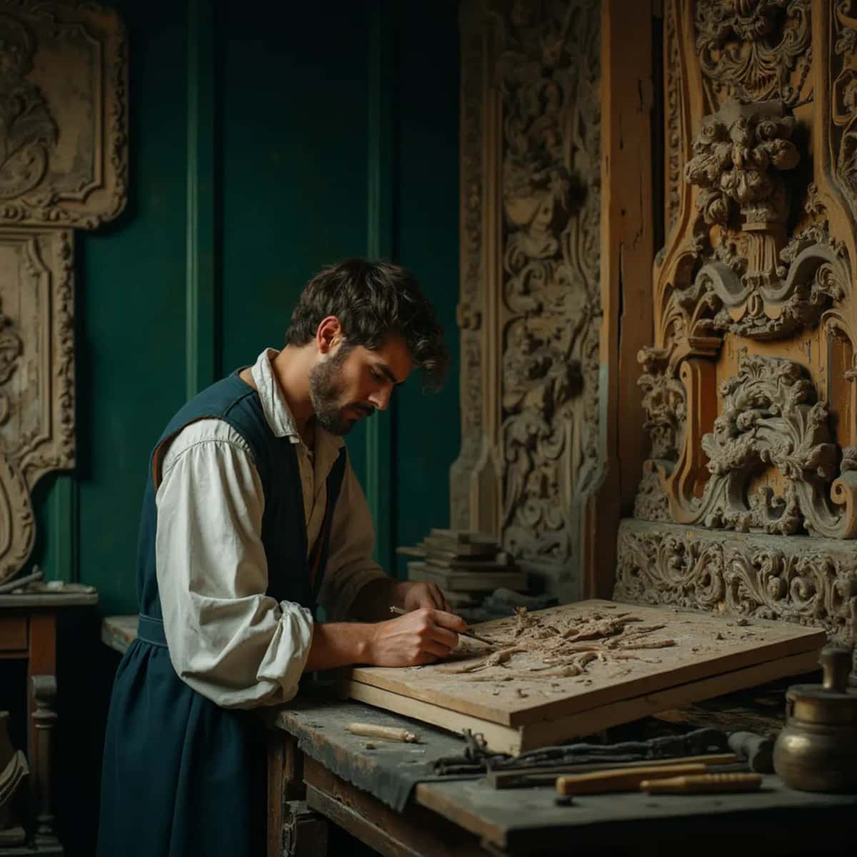 WOODCARVING LESSONS: Woodcarver Grabovetskiy, a man with a beard, holds a sign that says "What wood is the best for carving?" He looks thoughtful. Carving tools are on the table in front of him. - Wood Carving tutorials