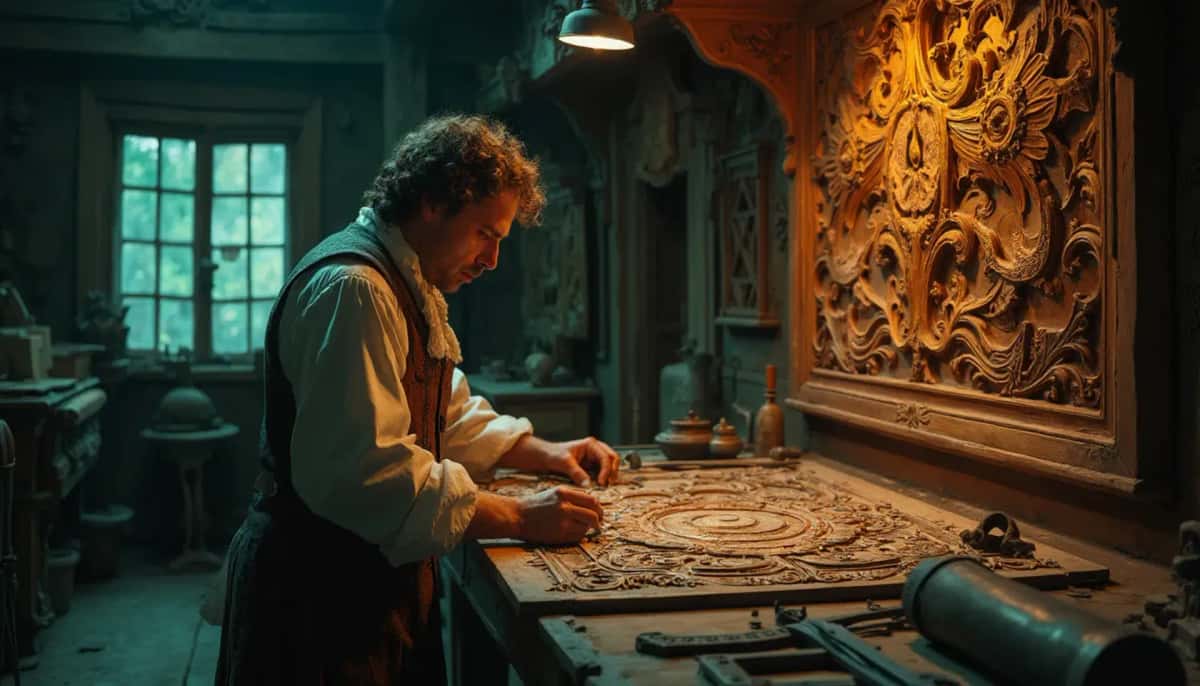 WOODCARVING LESSONS: Woodcarver Grabovetskiy, a man with a beard, holds a sign that says "What wood is the best for carving?" He looks thoughtful. Carving tools are on the table in front of him. - Wood Carving tutorials