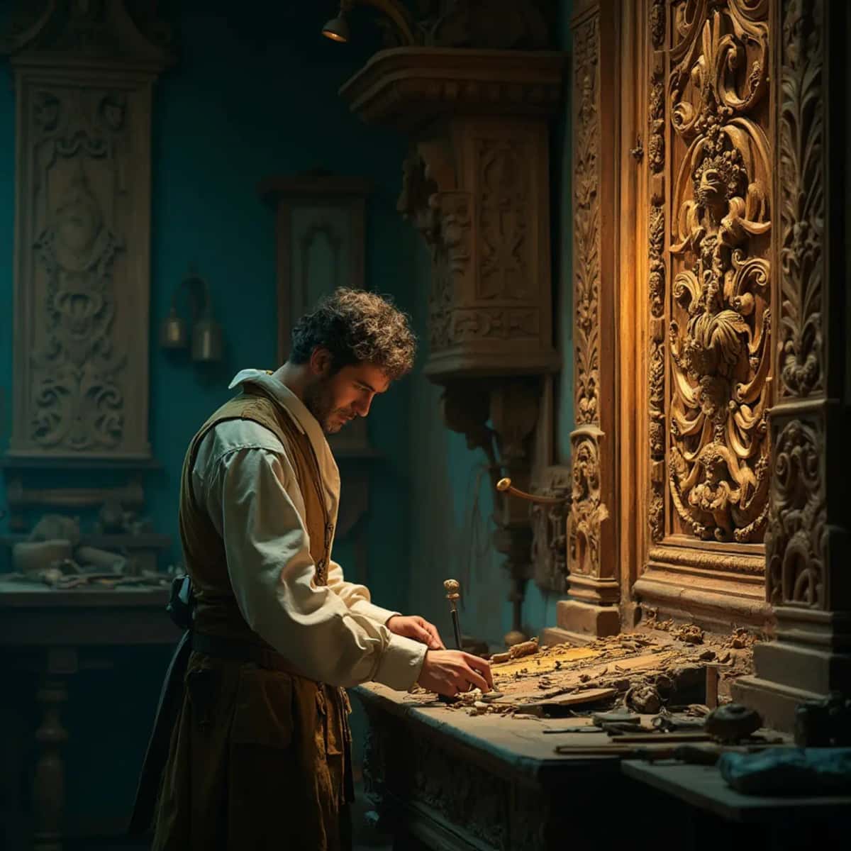 WOODCARVING LESSONS: Woodcarver Grabovetskiy, a man with a beard, holds a sign that says "What wood is the best for carving?" He looks thoughtful. Carving tools are on the table in front of him. - Wood Carving tutorials