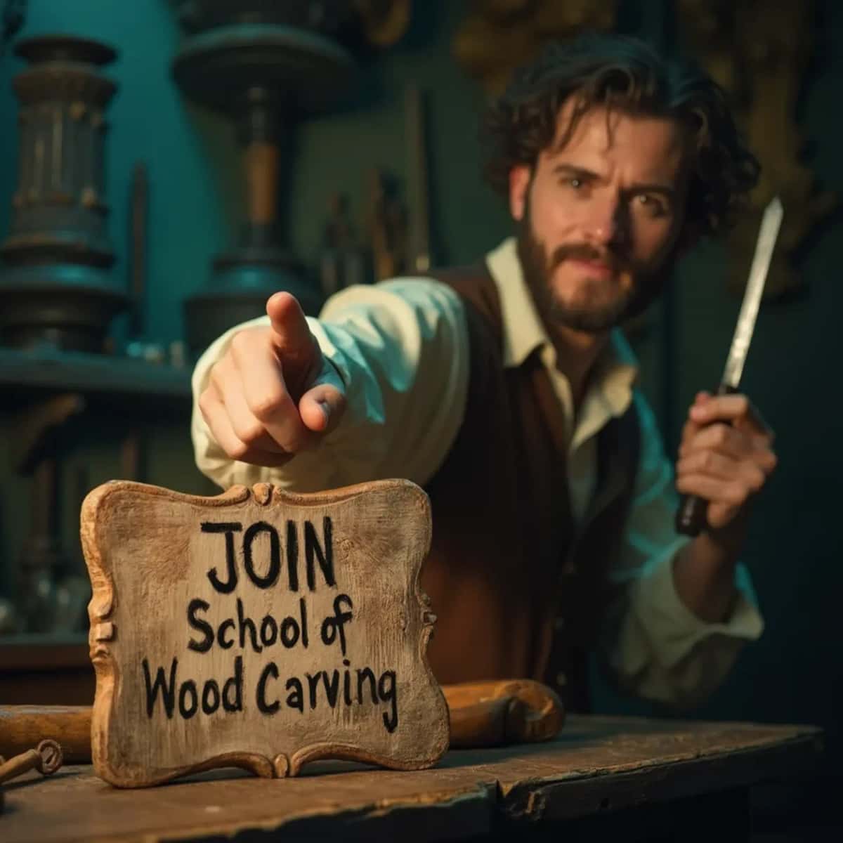 WOODCARVING LESSONS: Woodcarver Grabovetskiy, an elderly man with a gray beard, holds a carving tool and a sign that asks, "What is the best wood for carving? - Wood Carving tutorials