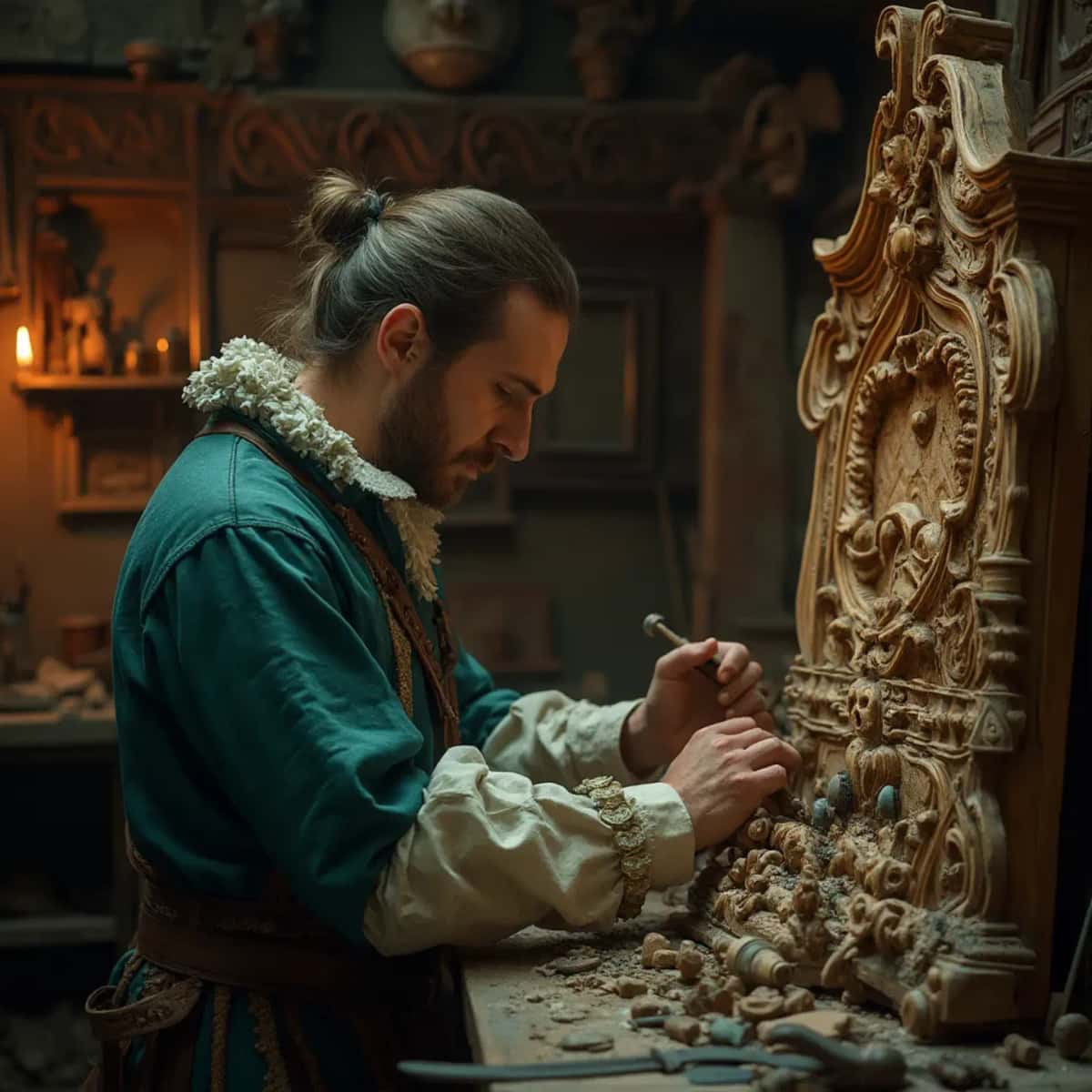 WOODCARVING LESSONS: Woodcarver Grabovetskiy, a man with a beard, holds a sign that says "What wood is the best for carving?" He looks thoughtful. Carving tools are on the table in front of him. - Wood Carving tutorials