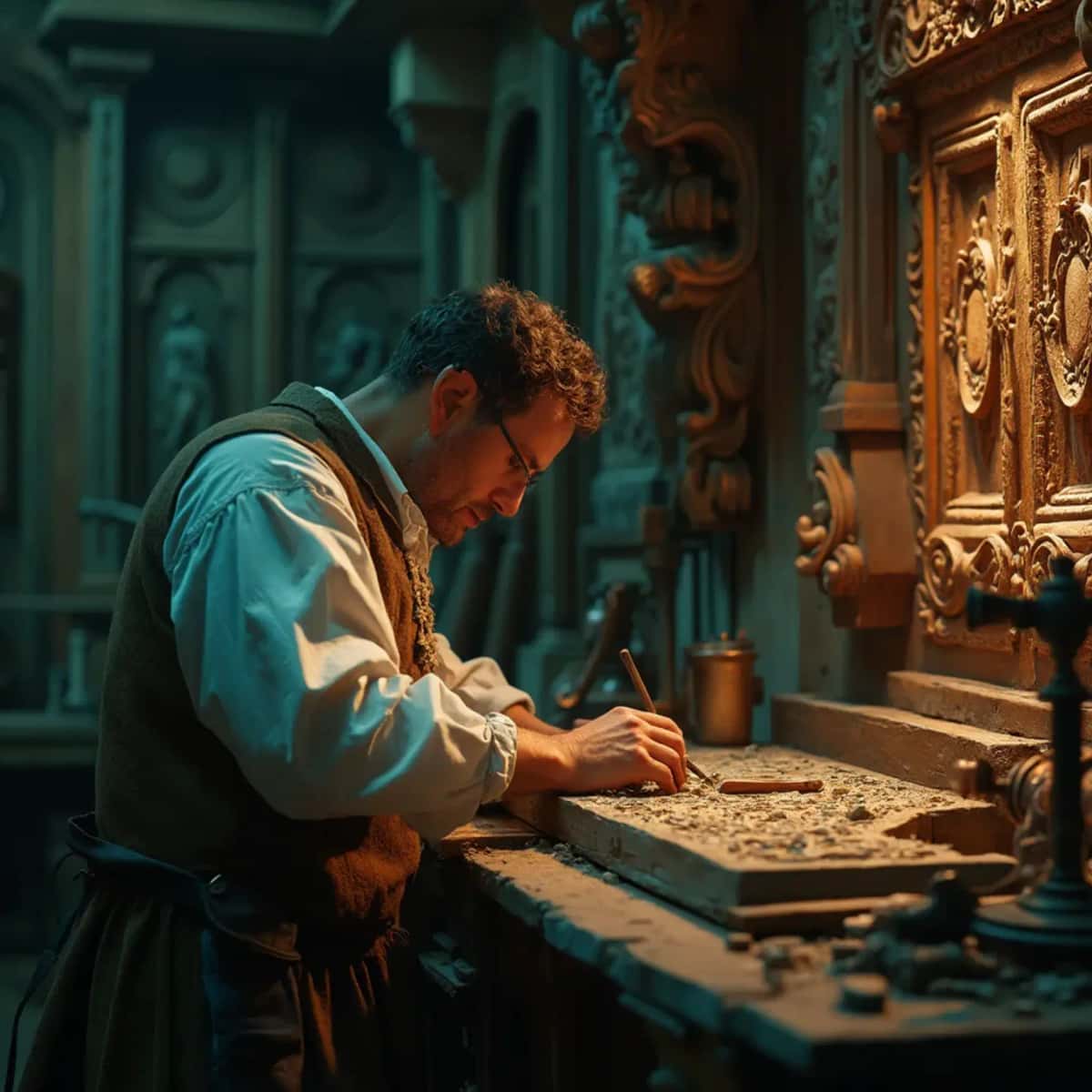 WOODCARVING LESSONS: Woodcarver Grabovetskiy, a man with a beard, holds a sign that says "What wood is the best for carving?" He looks thoughtful. Carving tools are on the table in front of him. - Wood Carving tutorials
