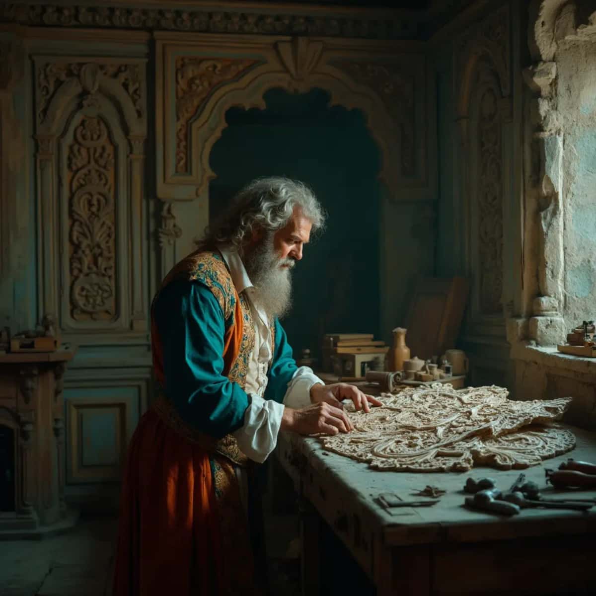 WOODCARVING LESSONS: Woodcarver Grabovetskiy, a man with a beard, holds a sign that says "What wood is the best for carving?" He looks thoughtful. Carving tools are on the table in front of him. - Wood Carving tutorials
