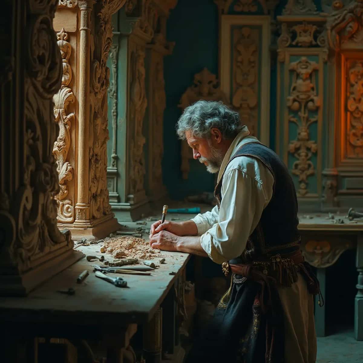 WOODCARVING LESSONS: Woodcarver Grabovetskiy, a man with a beard, holds a sign that says "What wood is the best for carving?" He looks thoughtful. Carving tools are on the table in front of him. - Wood Carving tutorials