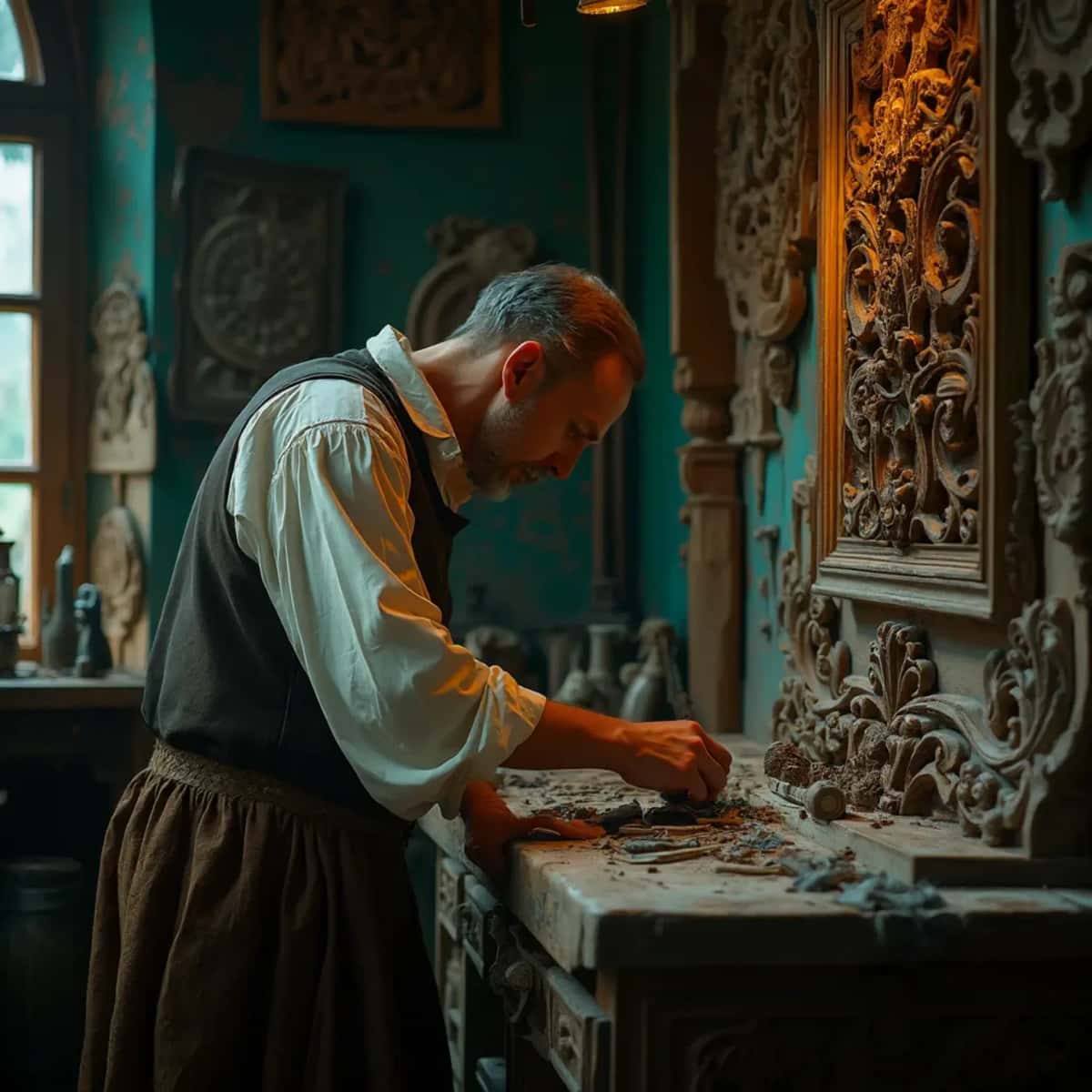 WOODCARVING LESSONS: Woodcarver Grabovetskiy, a man with a beard, holds a sign that says "What wood is the best for carving?" He looks thoughtful. Carving tools are on the table in front of him. - Wood Carving tutorials