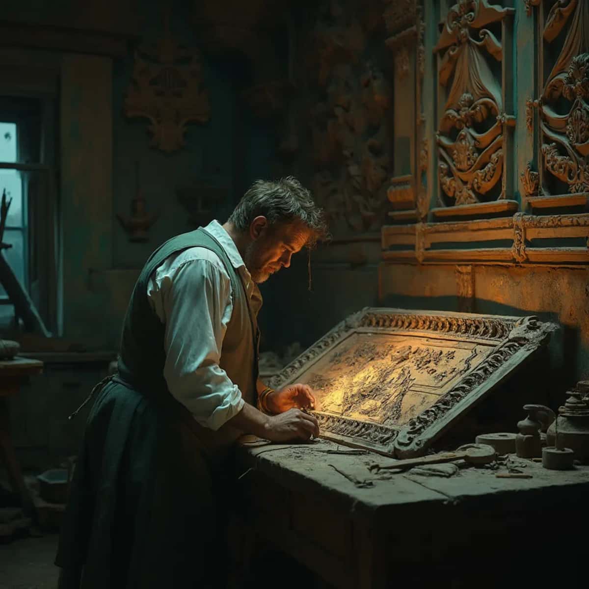 WOODCARVING LESSONS: Woodcarver Grabovetskiy, a man with a beard, holds a sign that says "What wood is the best for carving?" He looks thoughtful. Carving tools are on the table in front of him. - Wood Carving tutorials
