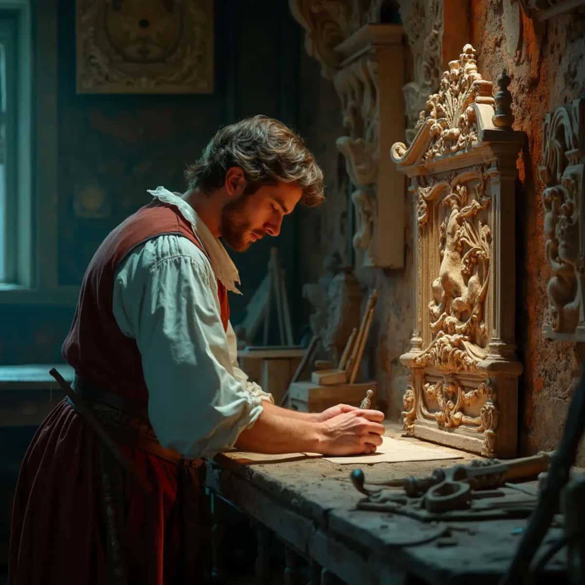 WOODCARVING LESSONS: Woodcarver Grabovetskiy, a man with a beard, holds a sign that says "What wood is the best for carving?" He looks thoughtful. Carving tools are on the table in front of him. - Wood Carving tutorials