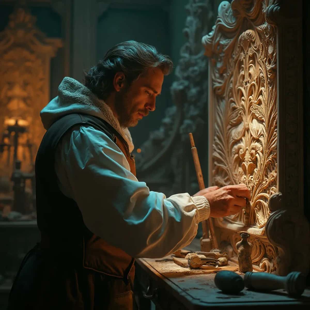 WOODCARVING LESSONS: Woodcarver Grabovetskiy, a man with a beard