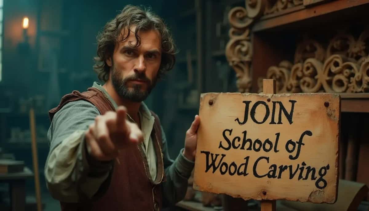 WOODCARVING LESSONS: Woodcarver Grabovetskiy, an elderly man with a gray beard, holds a carving tool and a sign that asks, "What is the best wood for carving? - Wood Carving tutorials