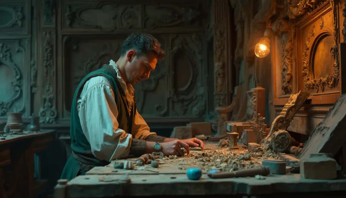 WOODCARVING LESSONS: Woodcarver Grabovetskiy, a man with a beard, holds a sign that says "What wood is the best for carving?" He looks thoughtful. Carving tools are on the table in front of him. - Wood Carving tutorials