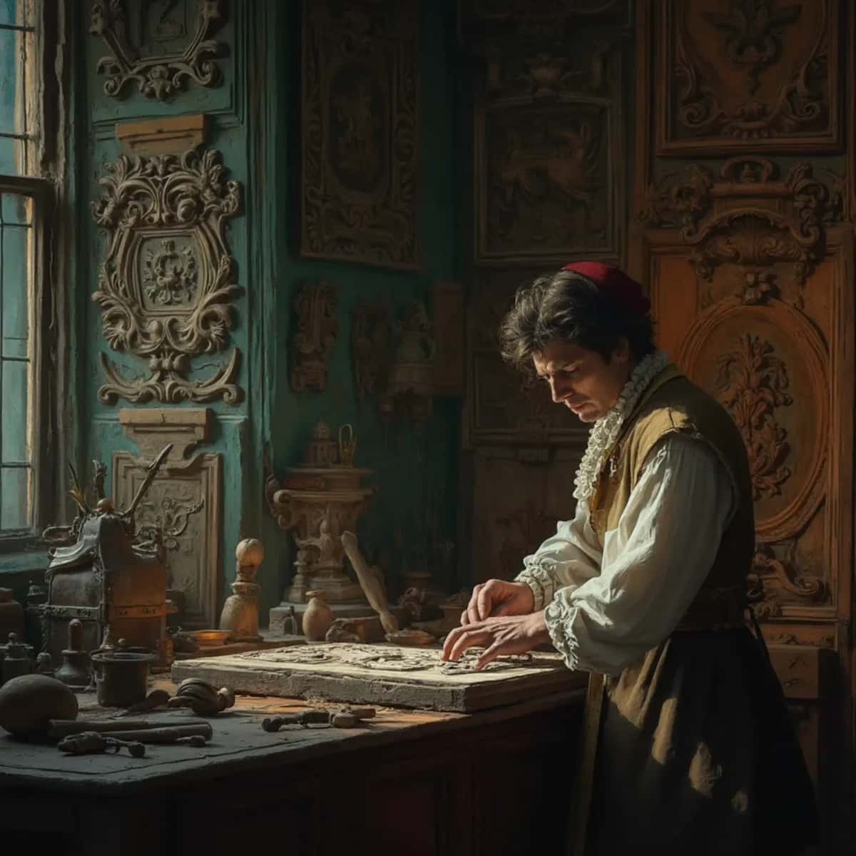 WOODCARVING LESSONS: Woodcarver Grabovetskiy, a man with a beard, holds a sign that says "What wood is the best for carving?" He looks thoughtful. Carving tools are on the table in front of him. - Wood Carving tutorials