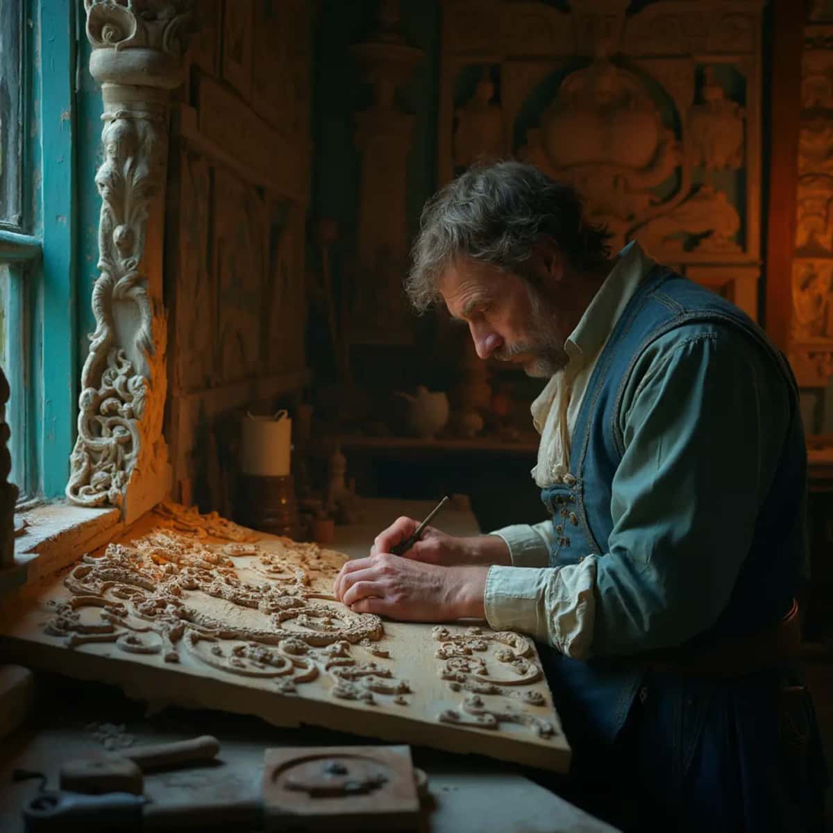 WOODCARVING LESSONS: Woodcarver Grabovetskiy, a man with a beard, holds a sign that says "What wood is the best for carving?" He looks thoughtful. Carving tools are on the table in front of him. - Wood Carving tutorials