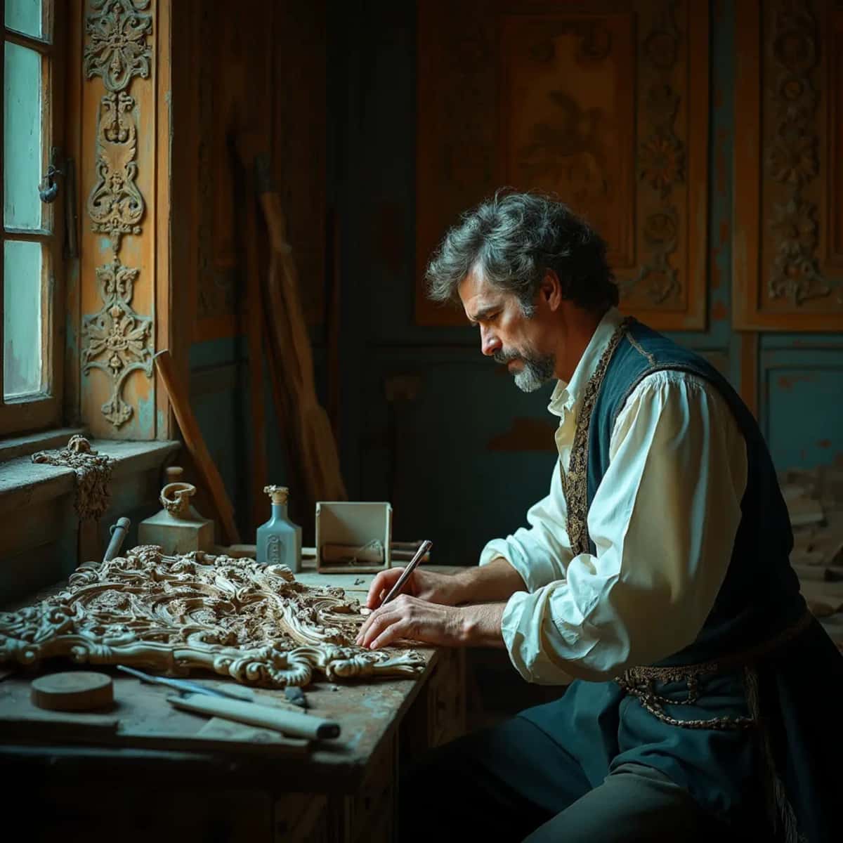 WOODCARVING LESSONS: Woodcarver Grabovetskiy, a man with a beard, holds a sign that says "What wood is the best for carving?" He looks thoughtful. Carving tools are on the table in front of him. - Wood Carving tutorials
