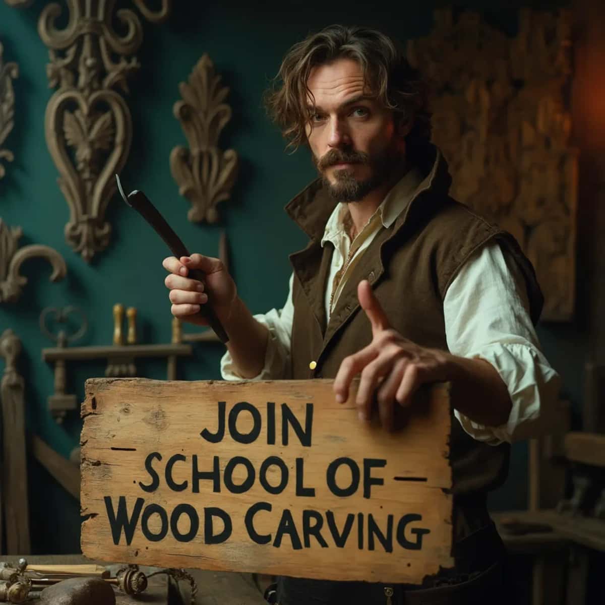 WOODCARVING LESSONS: Woodcarver Grabovetskiy, an elderly man with a gray beard, holds a carving tool and a sign that asks, "What is the best wood for carving? - Wood Carving tutorials