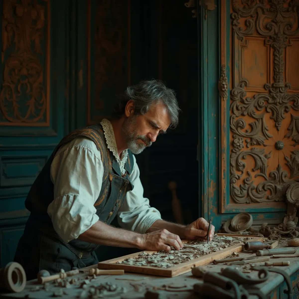 WOODCARVING LESSONS: Woodcarver Grabovetskiy, a man with a beard, holds a sign that says "What wood is the best for carving?" He looks thoughtful. Carving tools are on the table in front of him. - Wood Carving tutorials
