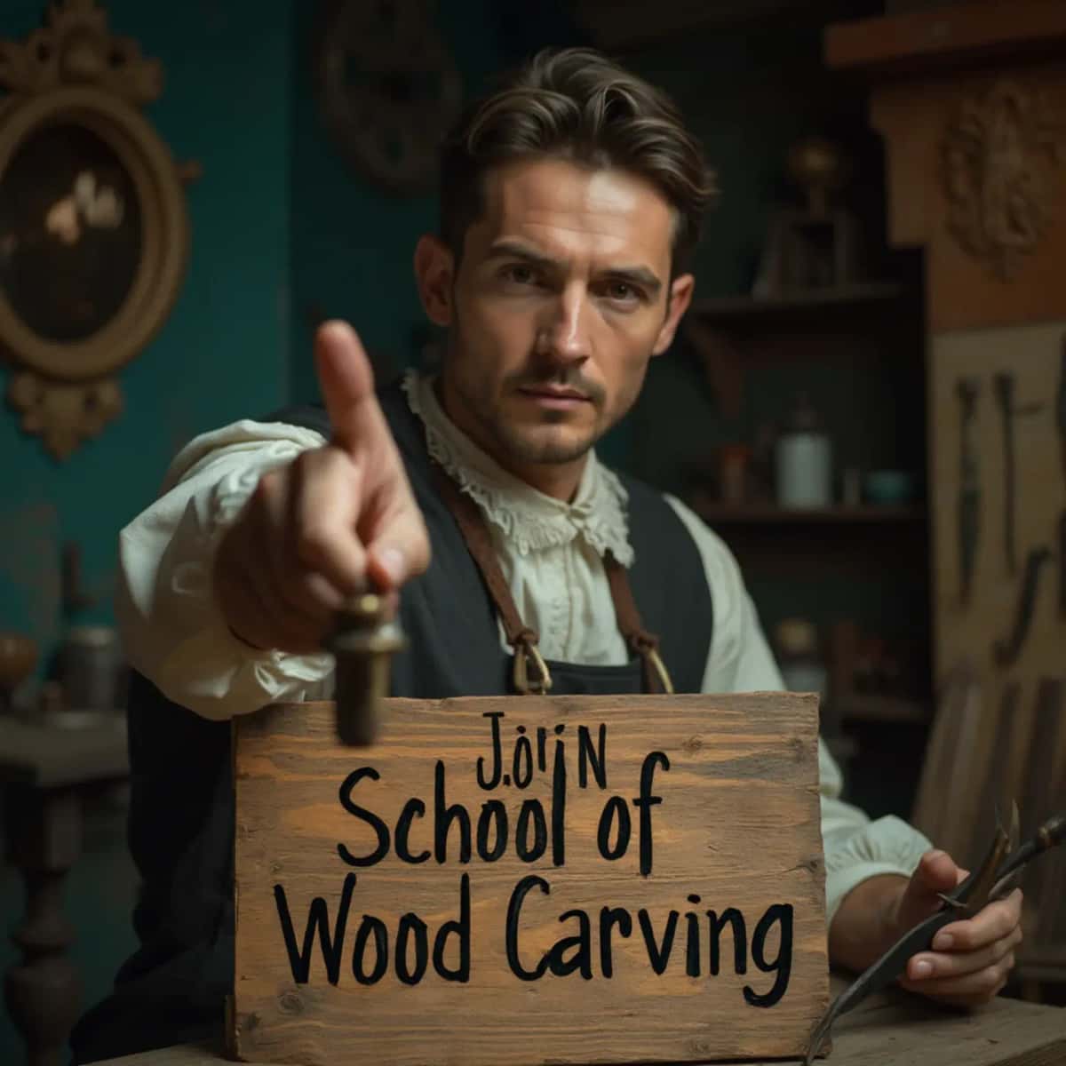 WOODCARVING LESSONS: Woodcarver Grabovetskiy, an elderly man with a gray beard, holds a carving tool and a sign that asks, "What is the best wood for carving? - Wood Carving tutorials