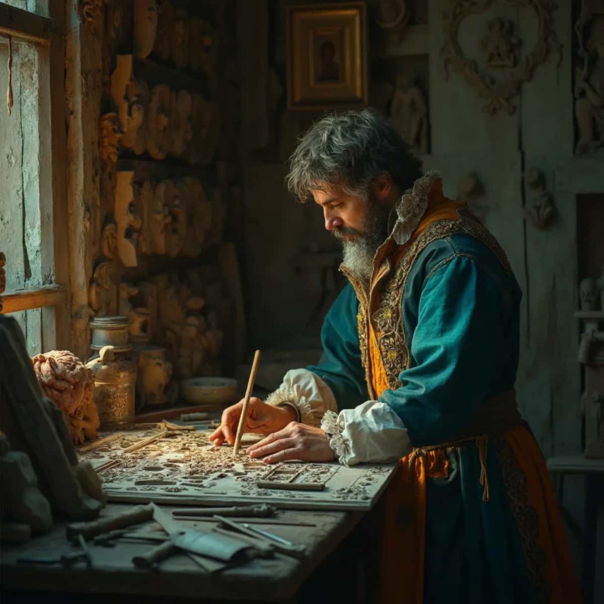 WOODCARVING LESSONS: Woodcarver Grabovetskiy, a man with a beard, holds a sign that says "What wood is the best for carving?" He looks thoughtful. Carving tools are on the table in front of him. - Wood Carving tutorials