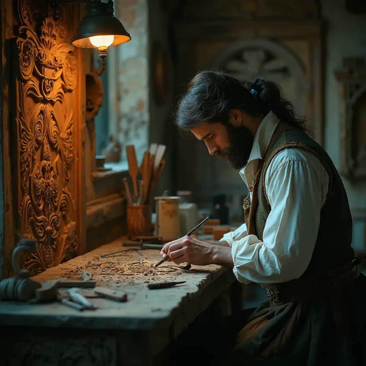 WOODCARVING LESSONS: Woodcarver Grabovetskiy, a man with a beard