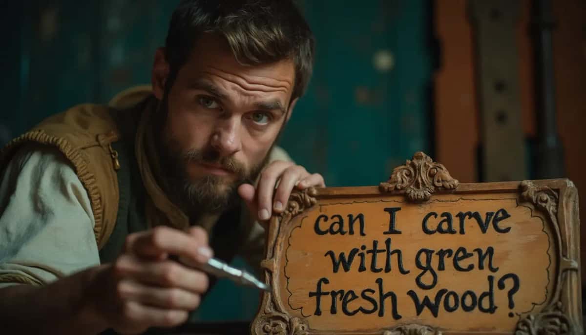 WOODCARVING LESSONS: Woodcarver Grabovetskiy, a man with a beard, holds a sign that says "What wood is the best for carving?" He looks thoughtful. Carving tools are on the table in front of him. - Wood Carving tutorials